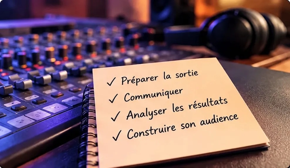 Checklist de promotion musicale posée sur une console de studio