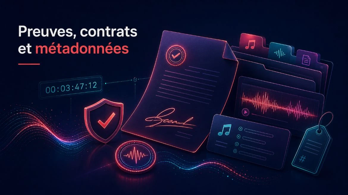 Illustration de preuves de création, contrats et métadonnées pour protéger les droits sur une musique